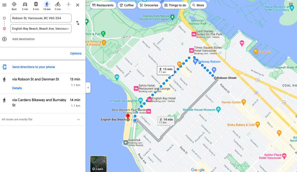 Walking route from Corner of Cardero Street and Robson Street to English Bay