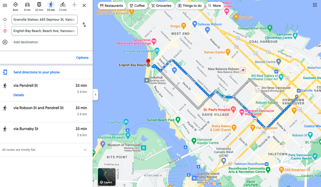 Walking route from Granville station to English Bay